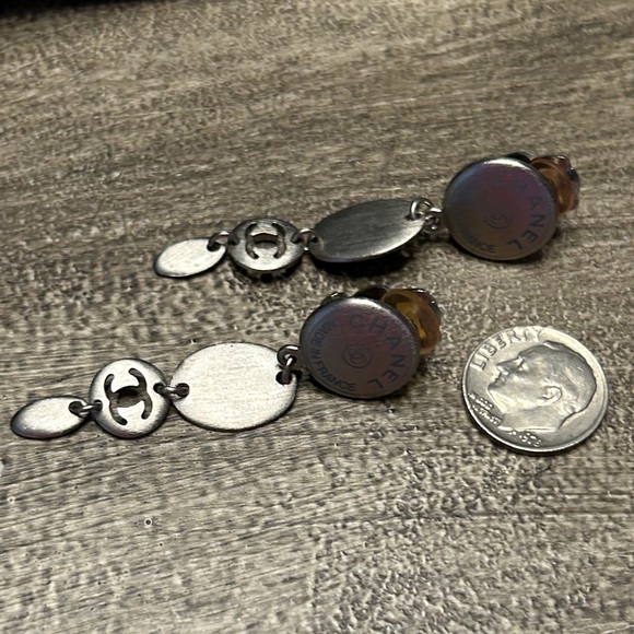 229. CHANEL (Clip)Oval Drop Matte Silver Logo Earrings w/coa - Picture 6 of 8